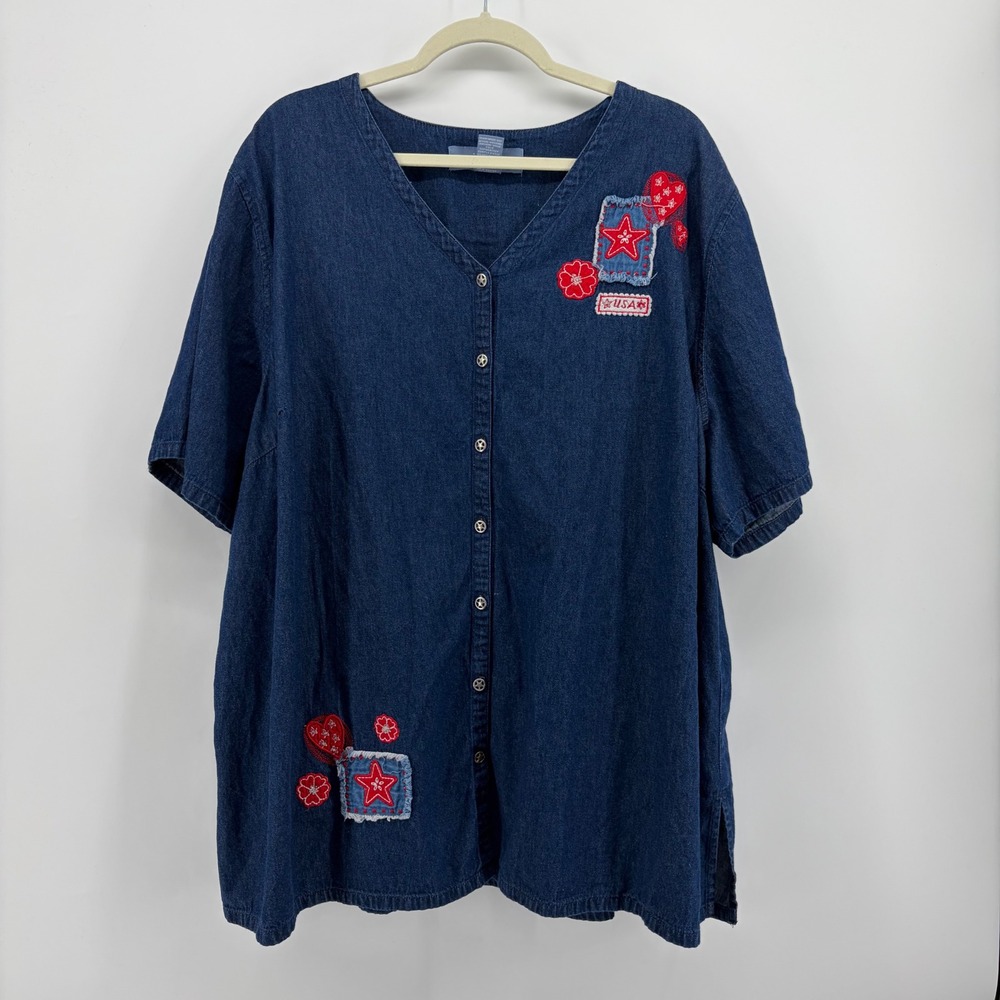 Liz & Me Womens 3X Blue Denim Shirt Americana Star Heart Patchwork V-Neck Top